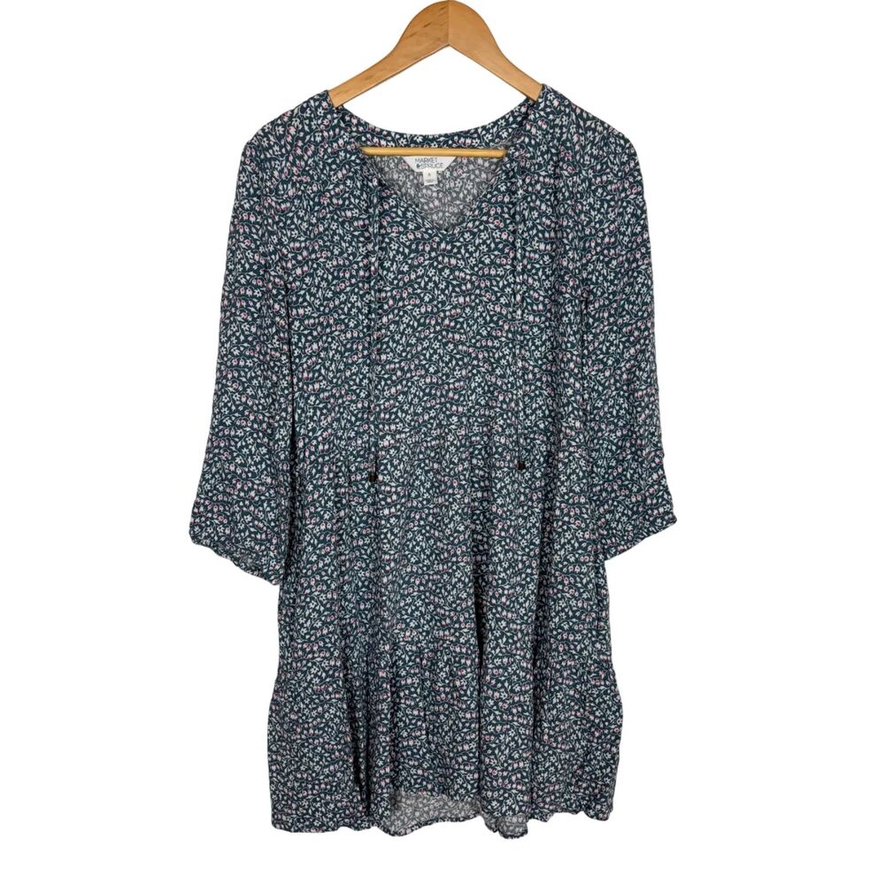 Market & Spruce Blue Floral Print White Knee-Length Peasant Dress Womens Medium